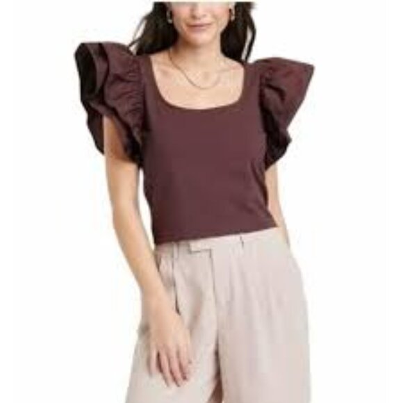 Ruffled Sleeve Square Neck Top By A New Day 4X Brown Cotton & Polyester Blend NW - Picture 6 of 6